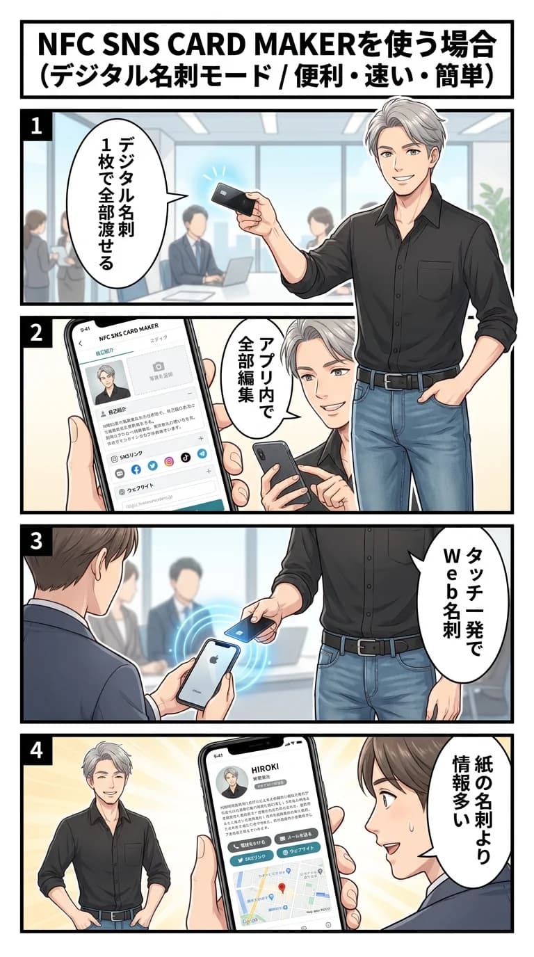 デジタル名刺モード — Webベースの自分専用デジタル名刺を作成・NFC連携