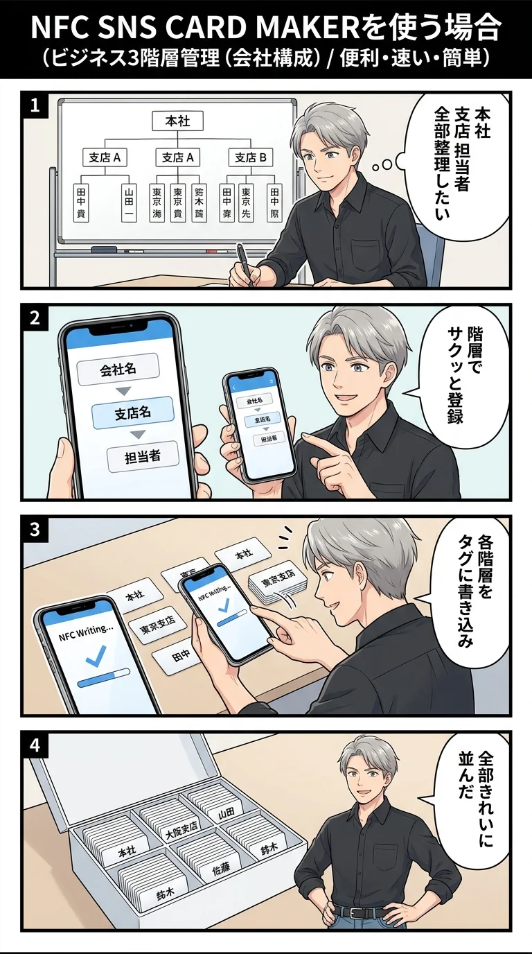 ビジネス3階層管理(会社構成) — 企業・部署・個人URLを3階層で体系的に整理・NFC書き込み