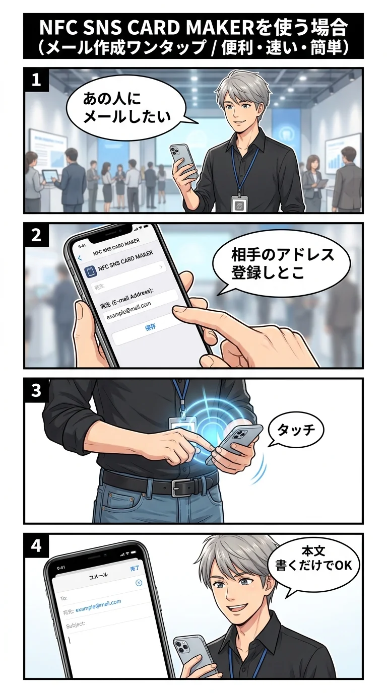 メール作成ワンタップ — NFCタッチで相手のメールアドレスに即メール作成