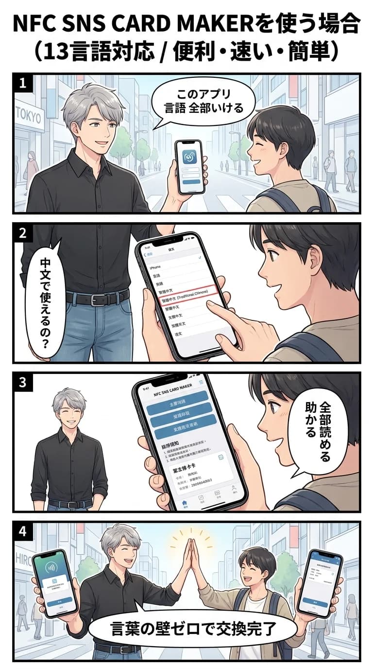 13言語対応 — アプリが13言語(日本語、英語、中国語等)に対応