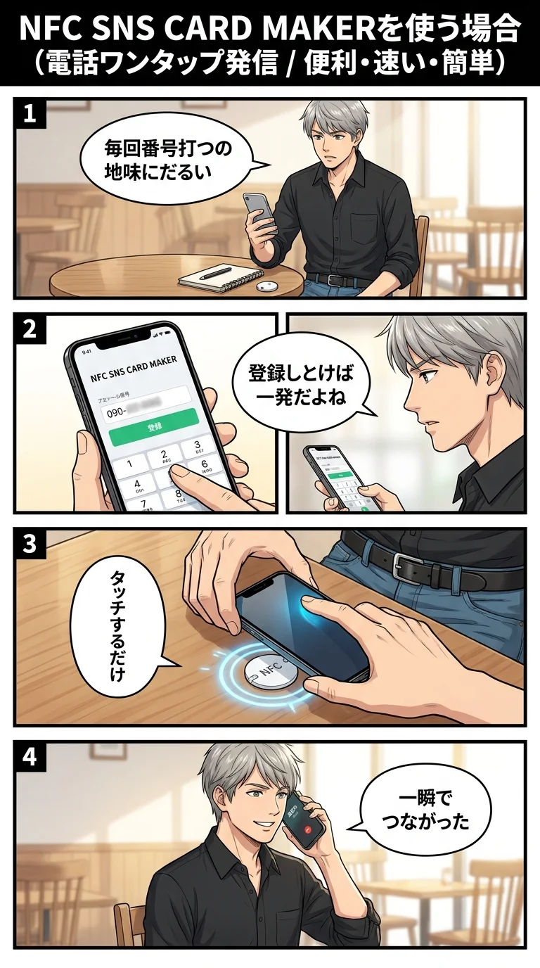 電話ワンタップ発信 — NFCタッチで相手の電話番号に即発信