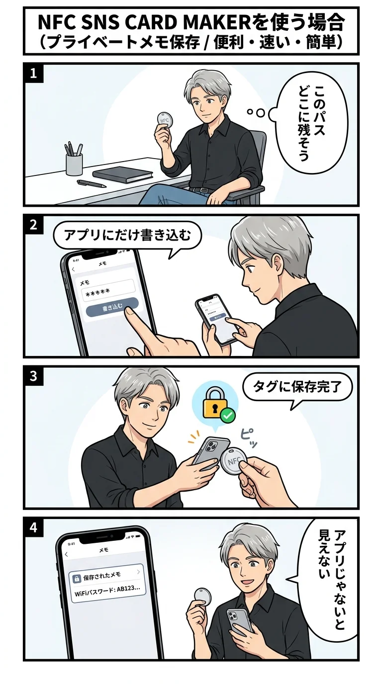 プライベートメモ保存 — NFCタグに秘密のメモ情報を保存(アプリ限定閲覧)