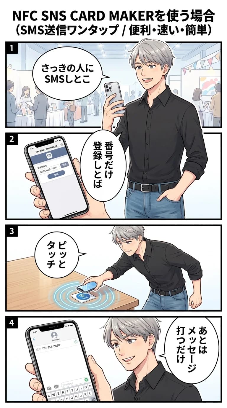 SMS送信ワンタップ — NFCタッチで相手の電話番号へのSMS作成画面起動