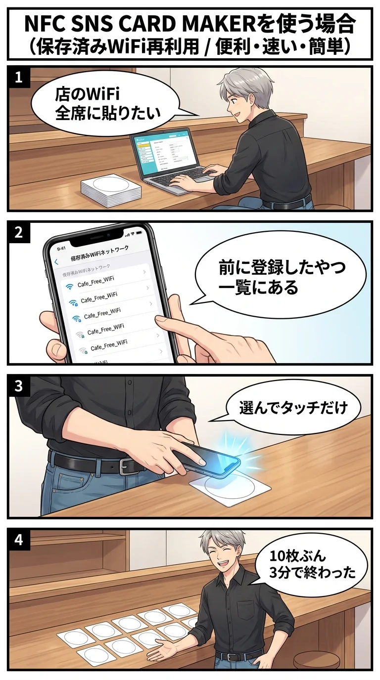 保存済みWiFi再利用 — 一度書き込んだWiFi情報を保存して再利用
