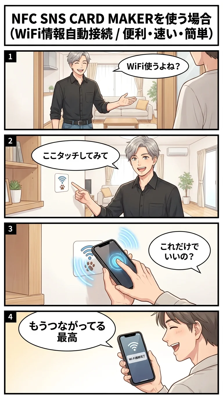 WiFi情報自動接続 — NFCタッチでWiFi SSID・パスワードを自動入力