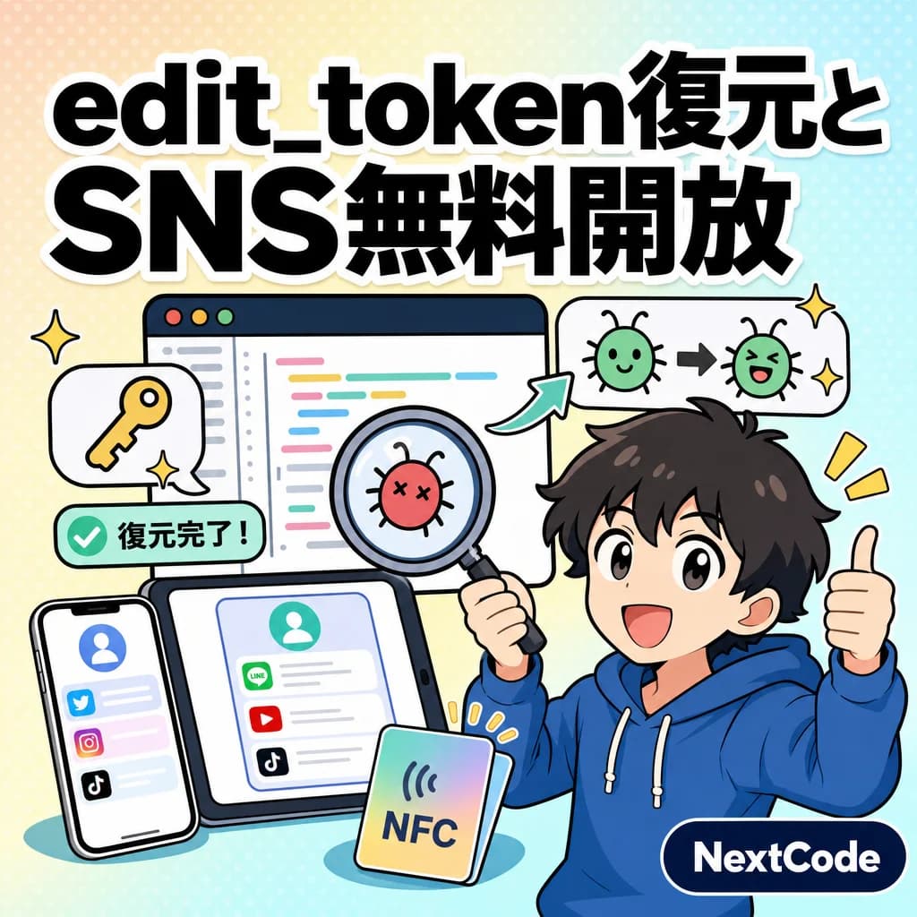 NFC SNS CARD MAKER バグ修正記録(2026/04/22) — edit_token復元とSNS無料開放