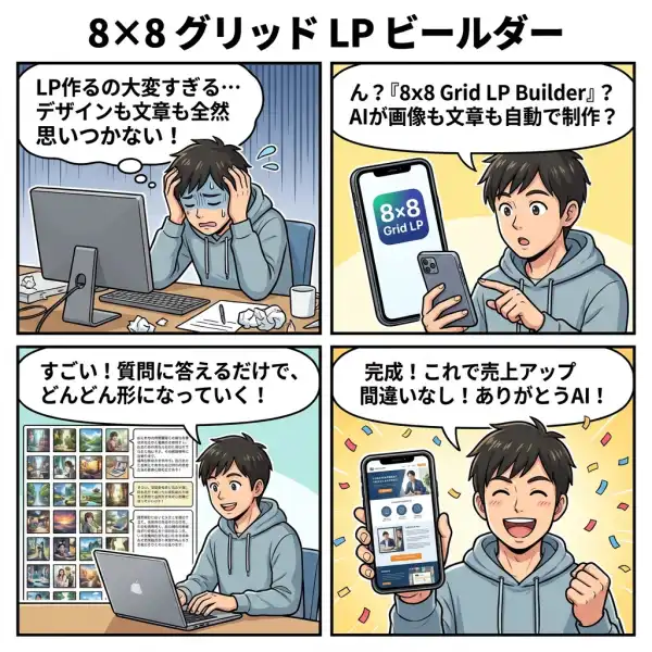 8x8 Grid LP Builderの4コマ漫画