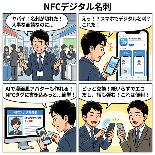 NFCデジタル名刺の4コマ漫画