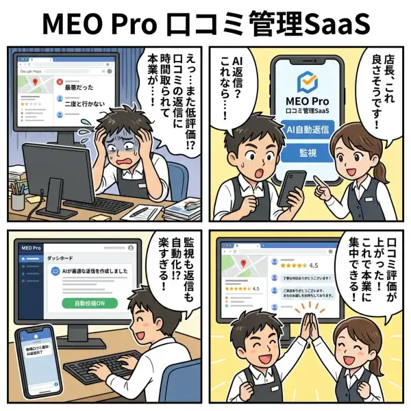 MEO Pro - Googleマップ口コミ管理SaaSの4コマ漫画