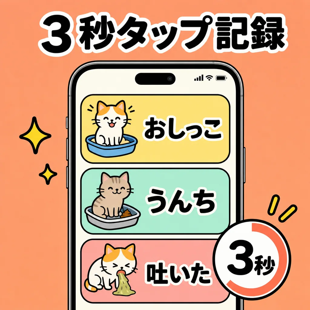 3秒タップで排泄記録(猫飼いの『毎日3回×複数頭』の負担を最小化)