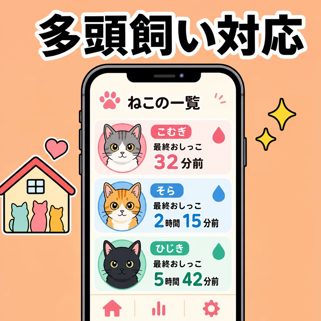 多頭同時タイマー(複数猫の前回排泄時刻を一画面把握)