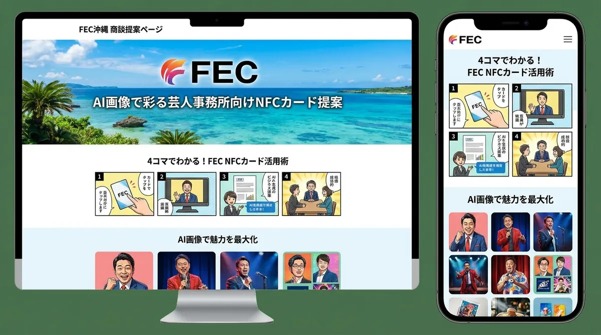 4コマ漫画とAI画像で構成した芸人事務所向けNFCカード提案資料