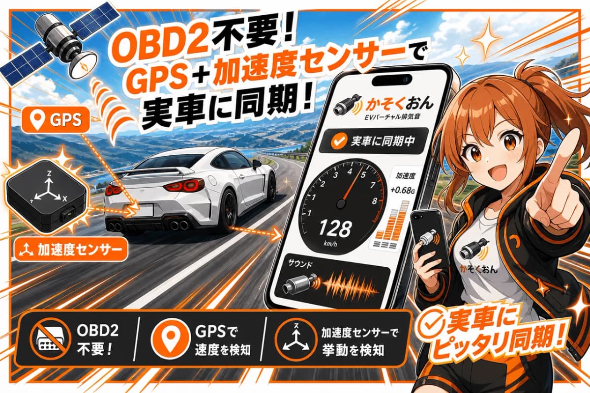 OBD2不要・GPS+加速度センサーで実車に同期