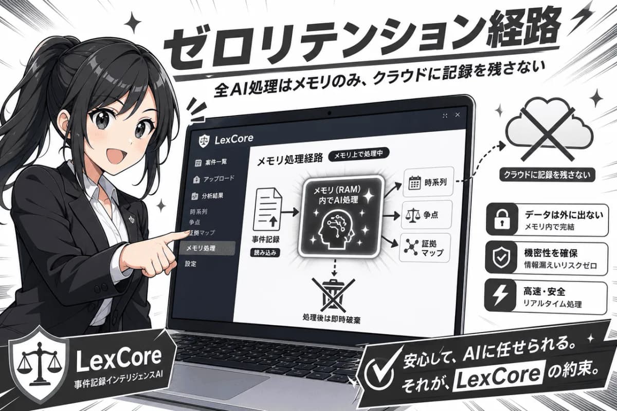 ゼロリテンション経路: 全AI処理はメモリのみ、クラウドに記録を残さない