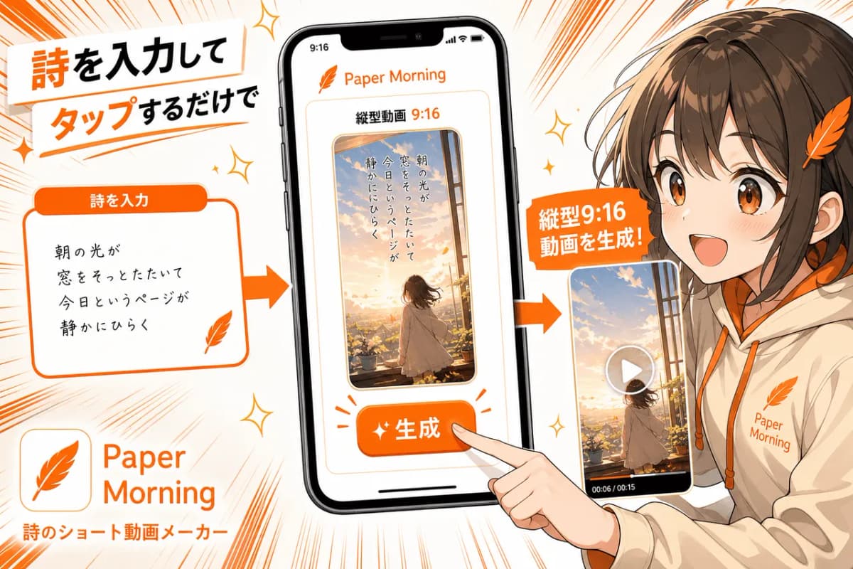 詩を入力してタップするだけで縦型9:16動画を生成