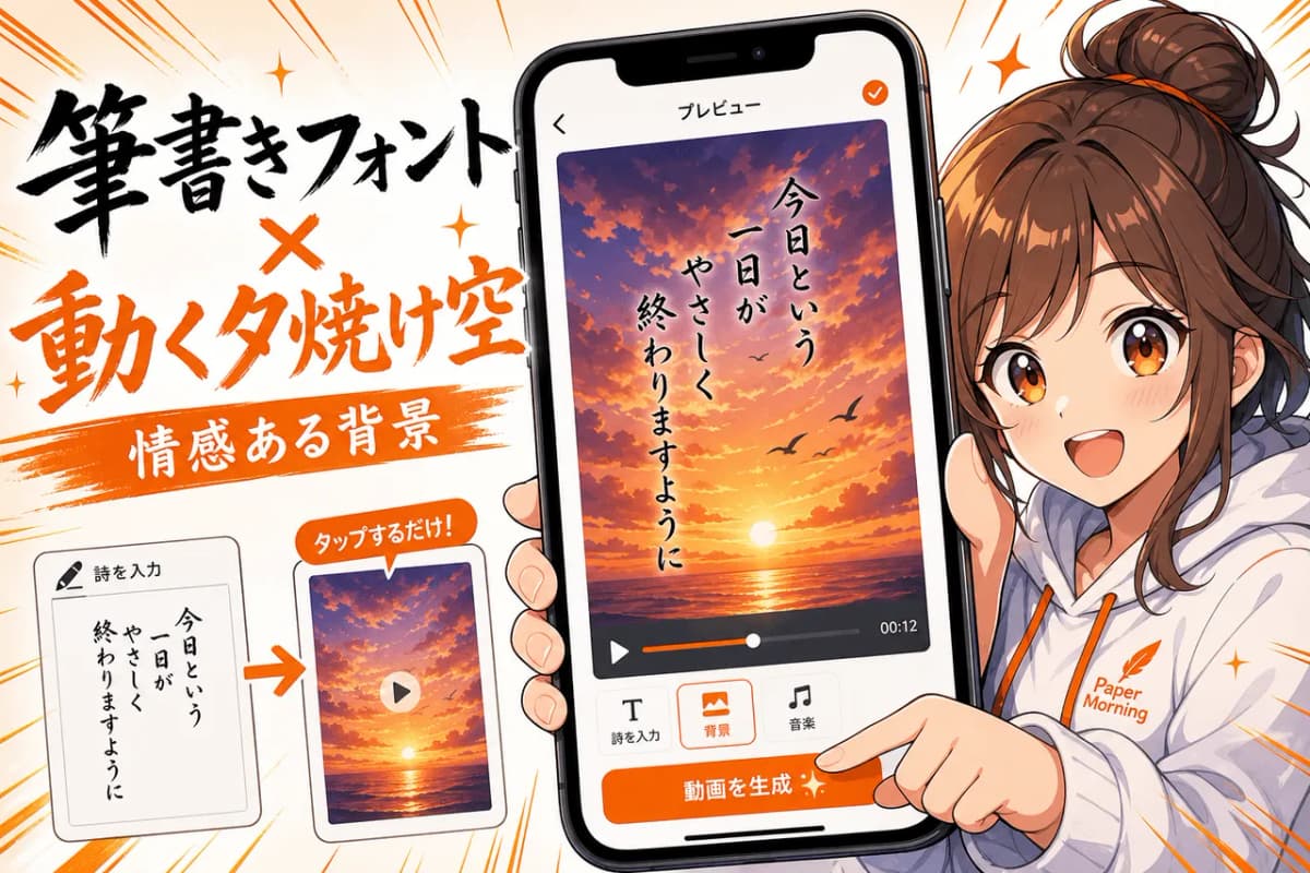 筆書きフォント×動く夕焼け空の情感ある背景
