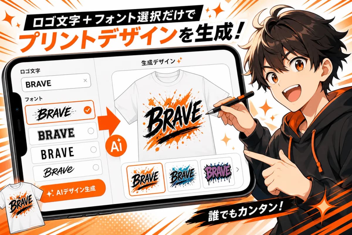 ロゴ文字+フォント選択だけでプリントデザインを生成