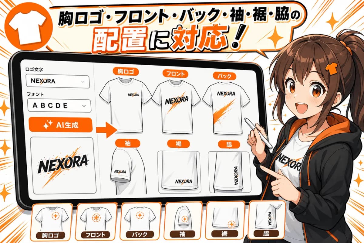 胸ロゴ・フロント・バック・袖・裾・脇の配置に対応